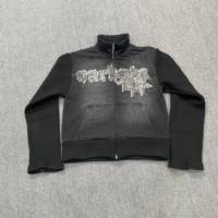 Veste en denim tricotée pour homme avec broderie appliquée personnalisée, lavage à l'acide, fermeture éclair vintage, veste pour homme, logo appliqué délavé