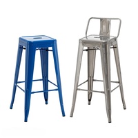 Tabouret de bar industriel bleu sans accoudoirs, chaises de bar en métal avec hauteur d'assise de 65 cm, tabourets de bar pour comptoir de cuisine avec siège en bois