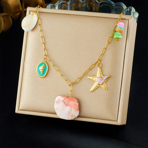 Trendy Gold Plated Starfish Conch Shell Pendant Necklace With Colorful Pebble For Women Party Jewelry - Product Image 1
