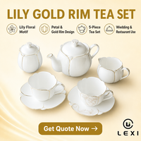 15pcs Set Teh Keramik Desain Elegan Lily Dengan Pinggiran Emas untuk Hadiah Pernikahan, Restoran, dan Rumah