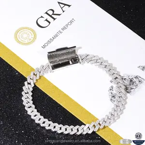 Full ice out white gold plated Moissanite Cuban Chains 2 rows 925 Solid Silver Moissanite Cuban Link Chain Hip Hop Bracelets