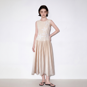 Beige Floral Embroidered Casual <b>Dress</b> Sleeveless A Line Midi <b>Dress</b> Feminine <b>Summer</b> Party <b>Dress</b> - Product Image 3