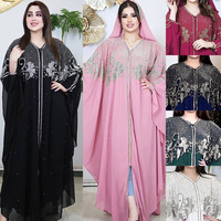 Abaya pour femmes grandes tailles de style européen, américain et africain, en mousseline de soie, ornée de strass et de perles, avec châle et foulard