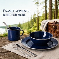 Ensemble de vaisselle de camping en émail bleu marine, assiette, bol, tasse et cuillère pour pique-nique en plein air, logo personnalisé, fournisseur en gros, usine
