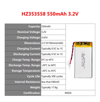 Аккумулятор литиевый NMC OEM HZ 353558 3.2В 550мАч для дронов, перезаряжаемый, с сертификатами CE ROHS, 500 циклов, от -20°C до 60°C