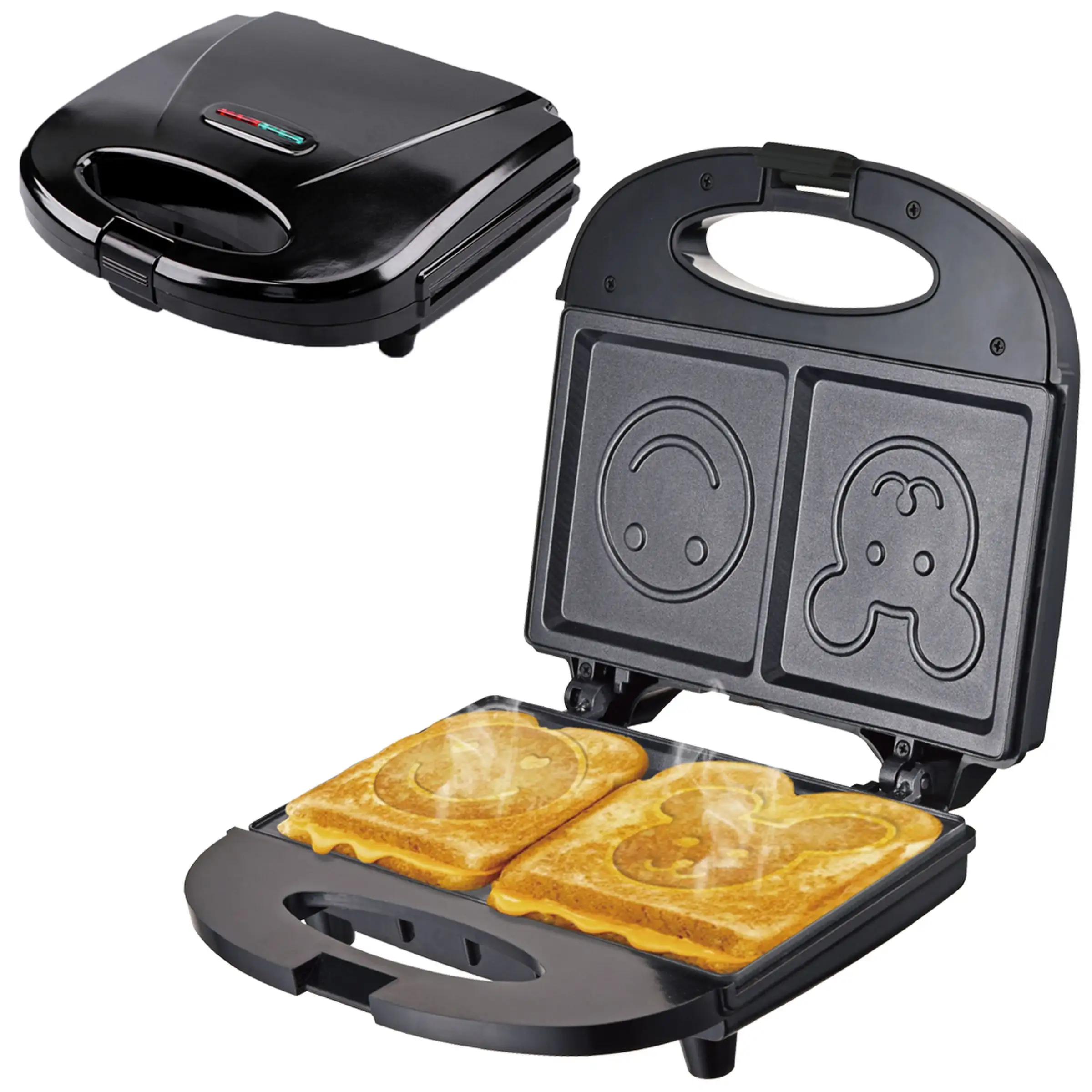 On Sale 2 Slice Panini Waffle Maker Cartoon Smiley Face Pattern Toster Sandwich Maker With Anti-Skid Feet