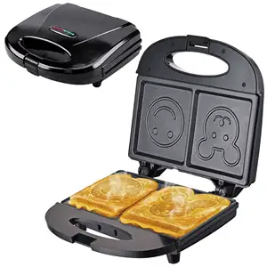 Venda 2 fatias fabricante de panini waffle, desenho animado sorridente padrão do rosto, sanduíche, com pés antiderrapantes