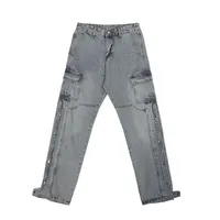 Hip-Hop-Stil Seiten knopf offen Herren Jeans Schnee wäsche Wasser blau Retro Jeans hose für Mann gestapelte Cargo Jeans