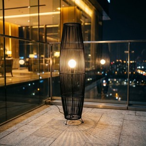 Black Rattan Outdoor Floor Lamp Cylindrical Shape LED Light 2700K Warm <b>White</b> E27 <b>Bulb</b> Base Switch Control Large Size - Product Image 1