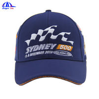 Casquette de baseball de course automobile bleue personnalisée avec broderie multi-logos, casquette de sport structurée à 6 panneaux avec visière incurvée pour hommes