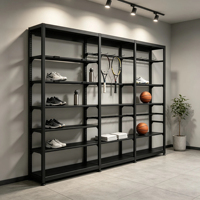 Étagère de présentation en métal noir robuste et moderne avec crochets supérieurs détachables et amovibles, étagères multi-niveaux pour magasin d'équipements sportifs