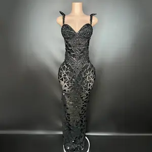 Dài ren sexy phong cách đường phố đầy đủ kim cương đen paillette Thiết kế Tính khí kiểm soát thắt lưng giảm béo Váy Maxi Dress