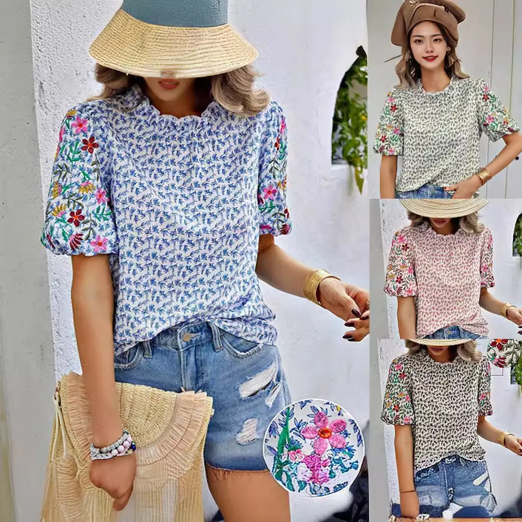 2024 Verão Vintage Outfits Petal Sleeve Casual Print Mulher Tops Blusas elegantes elegantes para mulheres T-shirt