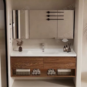 <b>Black</b> walnut wood simple Chinese seamless ceramic integrated basin multifunctional mirror storage bathroom cabinet - Product Image 5