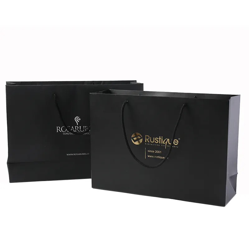 Bolsa de papel de embalaje de compras con asa, logotipo personalizado de lujo impreso, negro