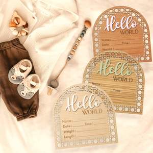 Signe d'annonce de naissance en bois gravé en 3D Ornements Carte de signature du nouveau-né Plaque commémorative Hello World pour dossier de <span class=keywords><strong>famille</strong></span> - Product Image 5