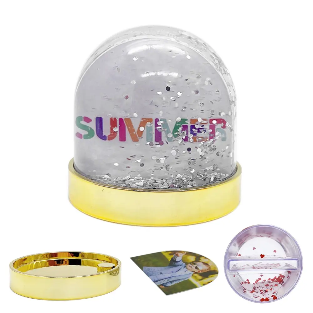 Moldura de plástico de neve para fotos, bola de neve de plástico com glitter flutuante personalizada redondo
