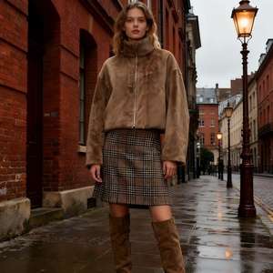 Manteau ample en <span class=keywords><strong>fourrure</strong></span> de mouton unisexe marron avec col montant et fermeture éclair - Veste chaude d'hiver - Product Image 4