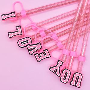 En gros, bouchon anti-poussière amovible en silicone souple rose de 10 mm pour pailles, design lettres, écologique, pour DIY, accessoires de bar et de fête - Product Image 2