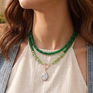 Double Layer Green Bamboo <b>Chain</b> Water Drop Opal Pendant Gold Bead Women Casual Fashion Neck Ornament - Product Image 1