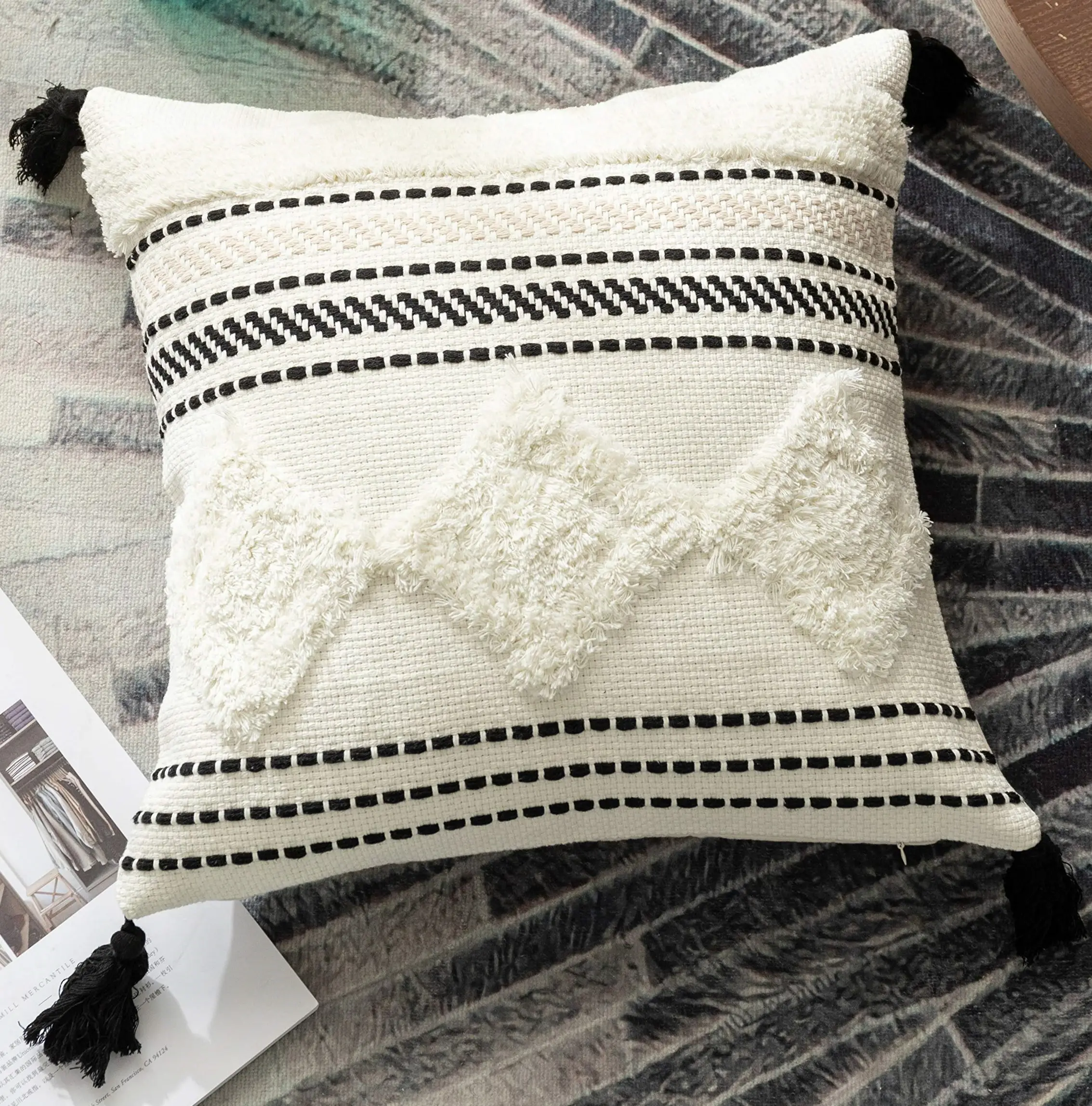 Housse de coussin tissée moderne à franges, taie d'oreiller décorative bohème Tribal pour canapé et canapé