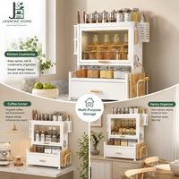 Organisateur de comptoir de cuisine à 2 niveaux avec porte rabattable, tiroir, étagère à épices et rangement latéral pour ustensiles