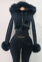 Ensemble de vêtements de Noël pour femmes en tricot gaufré avec logo personnalisé, veste à capuche à col en fourrure et pantalon évasé, ensemble de survêtement deux pièces