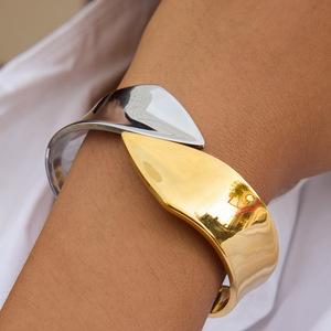 Geometric Stainless Steel <b>Bangle</b> Gold <b>Silver</b> Two Tone Spring Closure Unisex Jewelry Fashion <b>Bracelet</b> - Product Image 2