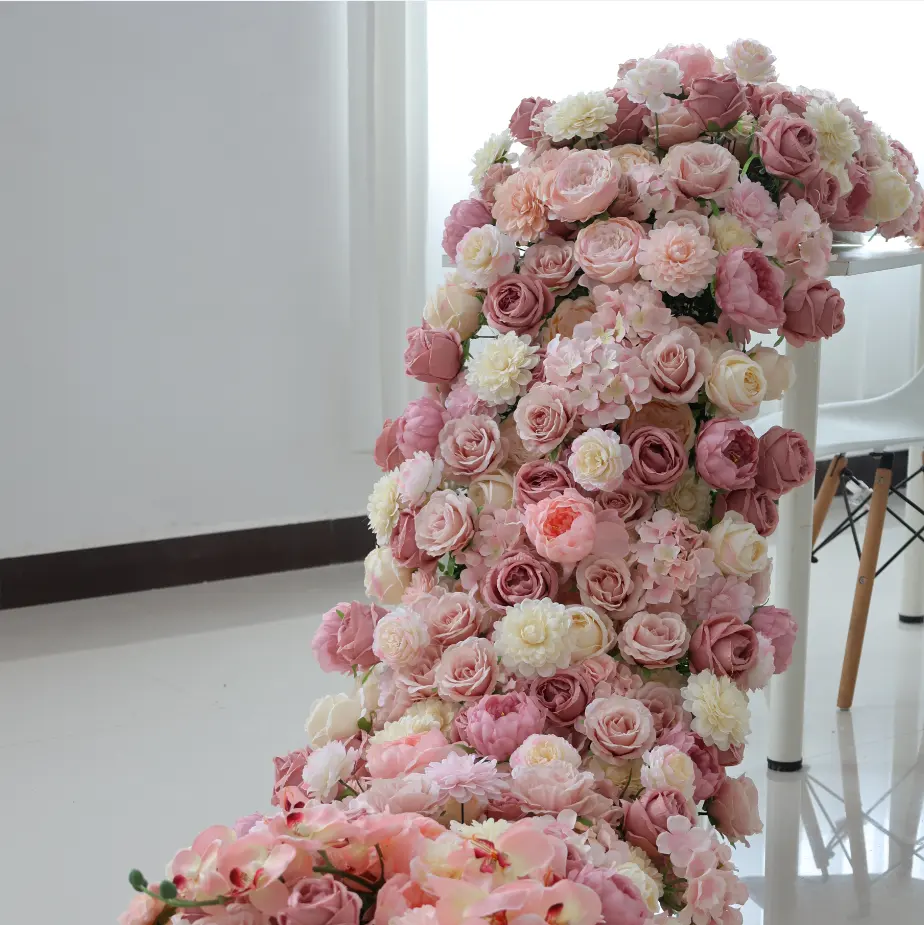White Silk Flowers Runners Row Floral Artificial Flower Table Runner Wedding Arch Flower For Wedding Decoration