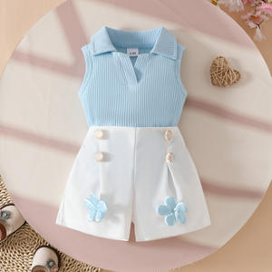 2025 nuovo dolce Step Girl senza maniche Pit Strip Top con adesivo con bottoni Shorts estivi due pezzi - Product Image 4