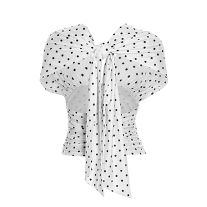 Viviblook J26TP254 Women Sexy Slim Fit Polka Dot Print Short Sleeved Deep V-Neck Backless Lace Up Casual Top - Product Image 5