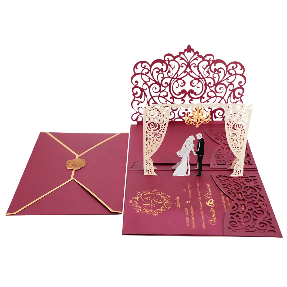 Aangepaste Laser Gesneden 3D Pop Up Bourgondië Paper Verjaardagsfeestje Huwelijk Rsvp Uitnodiging Kaart Met Envelop & Wax Sticker