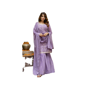 Ensemble Salwar Sharara en soie brodée pour femmes Trendmalls avec dupatta (G313-Violet clair) pour mariage - Product Image 1