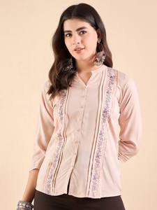 Top de algodón con cuello mandarín estampado Camisa de algodón Estilo Top regular - Product Image 5