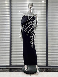 Высококачественное черное платье с вышивкой бисером, сексуальное, с открытыми плечами, на бретельках, для вечеринок - Product Image 2