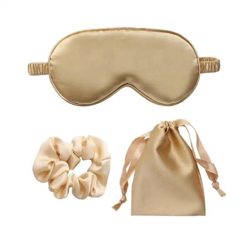 Silk sleep Eye Mask custom 2 piece satin Air travel eye mask set with drawstring bag