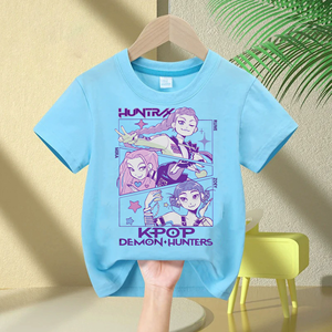2025 New Kpop Demon <strong>Hunter</strong> Girls T-shirt Children's Short Sleeve Cotton Tops Kpop Printed Anime Clothes - Product Image 3
