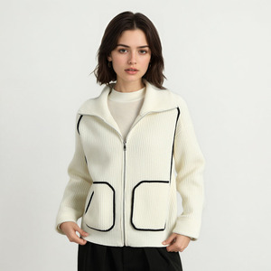 Áo khoác cardigan len dệt kim nữ cổ điển kẻ sọc có khóa kéo, chất liệu len 100%, dày dặn, ấm áp, có túi - Product Image 3