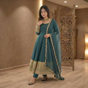 Women's Heavy Natural Crep Gown with 5mm Sequence and Cording Embroidery <b>Ankle</b>-Length Party Style Quick Dry & Wrinkle Free - Product Image 1