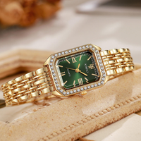 Montre carrée vintage dorée pour femme, montre-bracelet à quartz avec bordure en strass et chiffres romains, cadran multicolore effet rayon de soleil, bracelet en métal