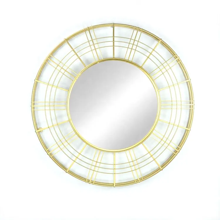 IVYDECO Decorative Mirrors Wall Modern Gold Metal Wire Frame Finite Element Grid Design Round Wall Mirror