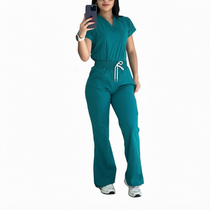 <b>Women</b> <b>Teal</b> Scrub Set Cotton Polyester Woven Hospital Uniform Pants V-Neck Top With Drawstring Waist - Product Image 1