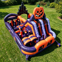 Structure gonflable commerciale d'extérieur pour Halloween : Combo château gonflable ferme de citrouilles, toboggans et parcours d'obstacles
