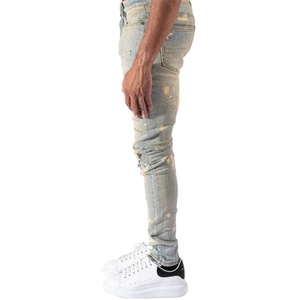 Jeans pour hommes personnalisés, style Destroyed, coupe crayon, effet adouci, coupe slim, avec trous élastiques, effet empilé, style Rock Revival, faible MOQ - Product Image 3