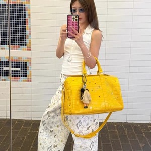 Yellow Crocodile Texture Boston Bag With Rhinestones Unisex Tote For Travel And Leisure - Product Image 3