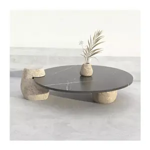 SHIHUI Customized Modern Design Black Nero Marquina Marble Table Top Outdoor Big Round River Stone Garden Marble Coffee Table