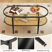 Table basse convertible moderne ovale en verre trempé, faite à la main, durable, écologique, avec étagère de rangement en rotin à 2 niveaux et structure en bois pour la maison