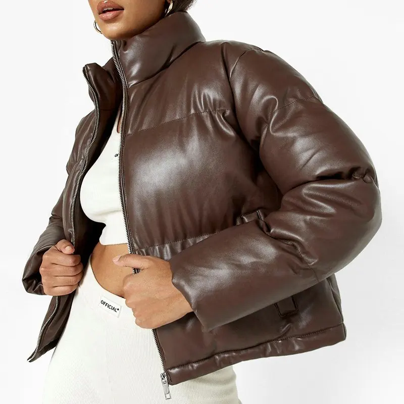 Leather Pu Wholesale Bubble Coat Padded Logo Cropped Winter Ladies Custom Brown Oversized Crop Puffer Jacket Women