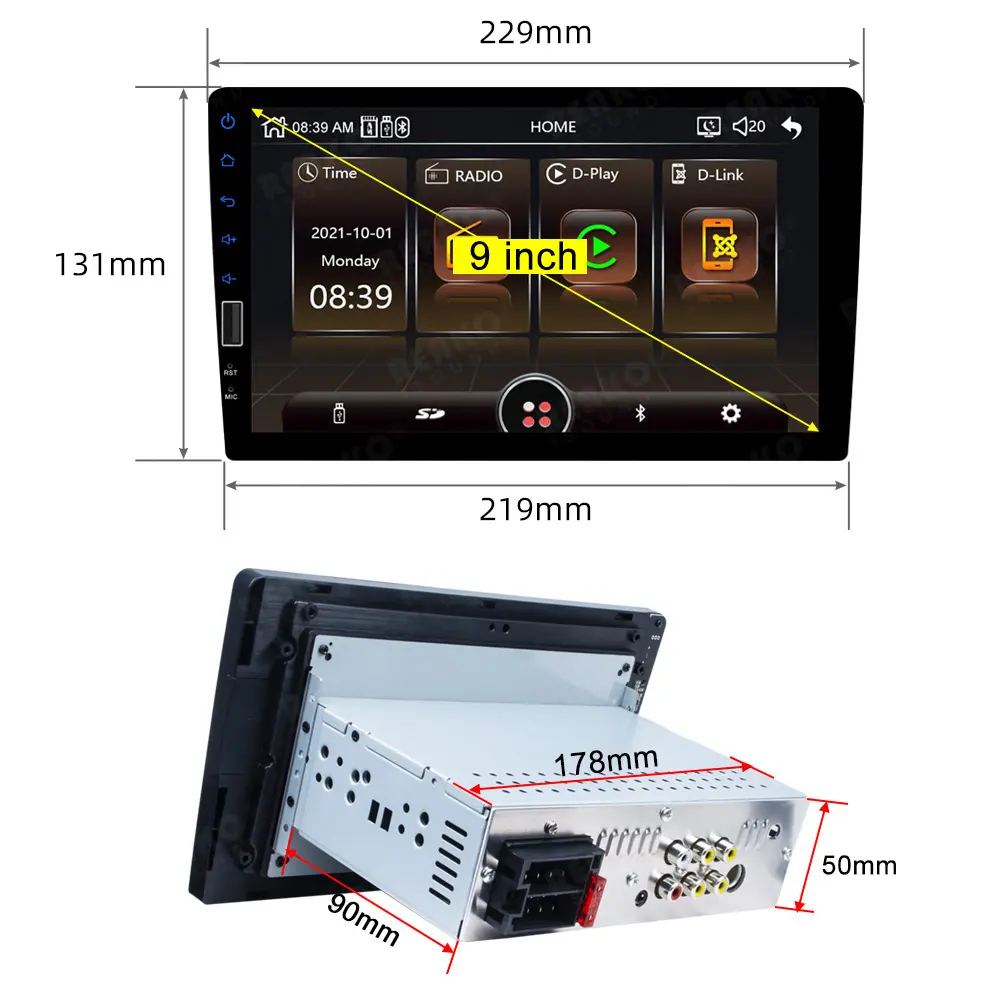 Lecteur vidéo de voiture Reako 9 pouces Navigation 1Din Mirror Link BT Connect Microphone Single Din Car Stereo Carplay MP5 Car Player