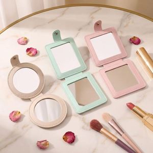 Creative Modern Embossed PU Leather <b>Foldable</b> Square Portable Travel Handheld Round Small Carry-on Makeup <b>Mirror</b> - Product Image 1